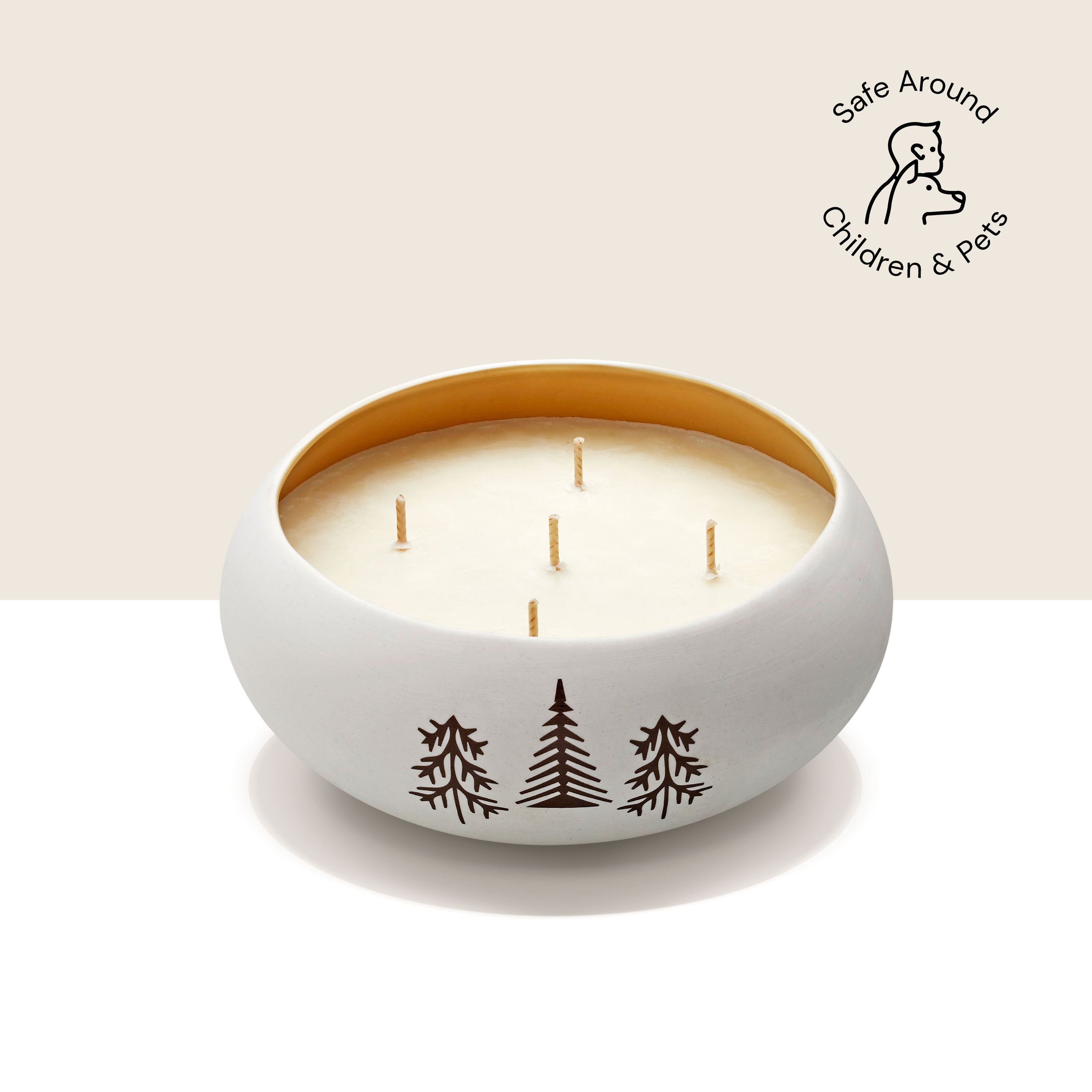 Eraya Aesthetic 5 wicks Soy wax candle in a ceramic container with tree designs on a white background, featuring 'Safe Around Children & Pets' logo.